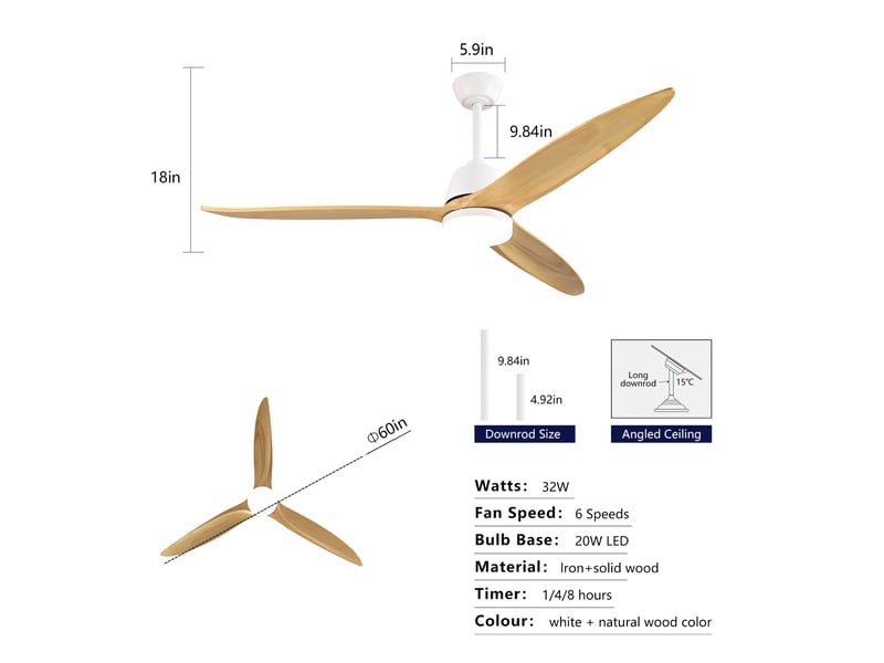  Ventilateur de plafond 60 pouces led dimmable, moteur dc réversible, bois naturel et blanc  - Conforama C