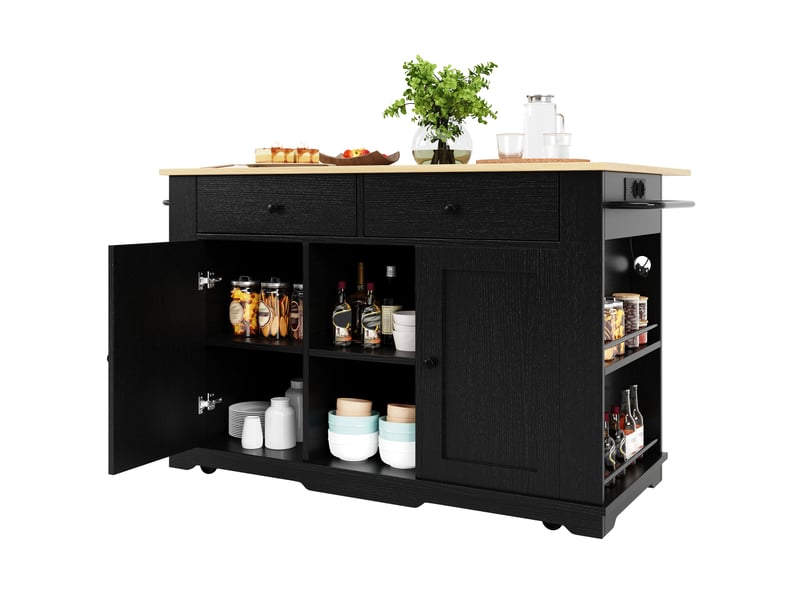  Îlot de cuisine pliant avec prises, roulettes et rangements noir et naturel  - Conforama A
