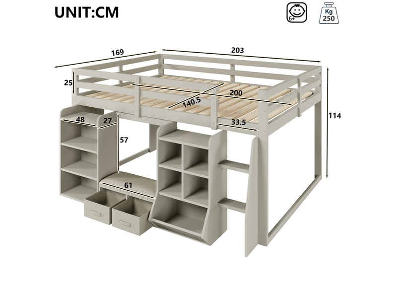  Lit surélevé pour enfant, 140 x 200 cm, avec étagères de rangement, 2 tiroirs en tissu et coussin d'assise, gris N879P000527E - Conforama C