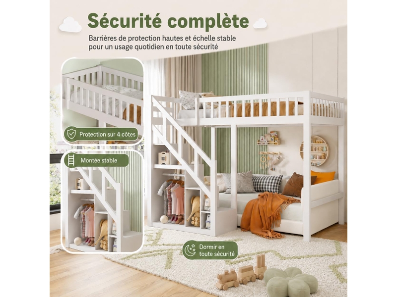  Lit mezzanine 90x200 cm, lit superposé enfant avec escaliers de rangement et barrière de sécurité, sommier à lattes  - Conforama R