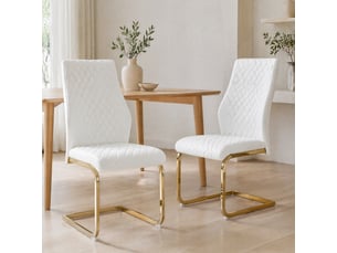 Lot de 2 chaises de salle à manger 43x63x100 cm, chaise cuisine avec dossier haut motif losange, blanc et doré, pu+métal