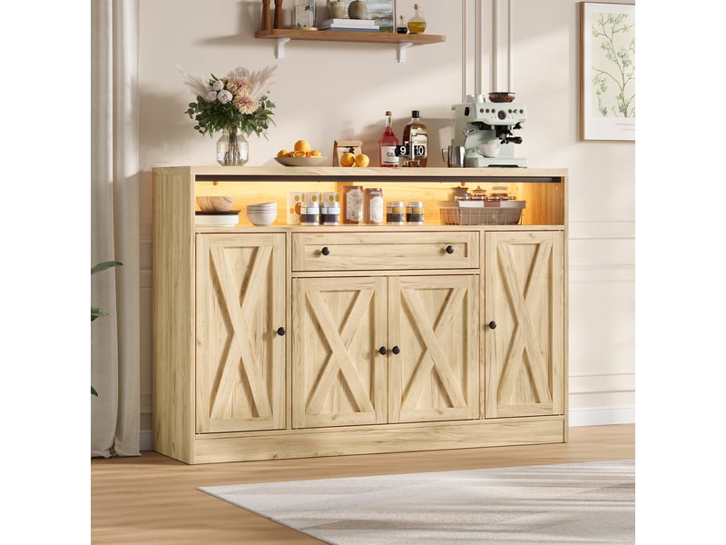 Buffet bas 140x35x95 cm bois naturel avec led rgb, 4 portes style grange, tiroir, étagères de rangement, meuble cuisine salle à manger moderne - Conforama B