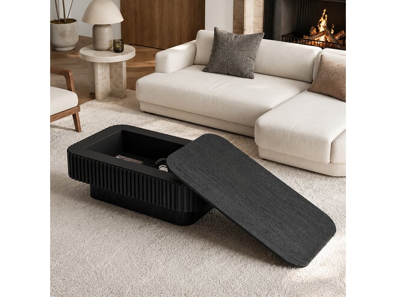  Table basse avec coffre de rangement et plateau amovible, style rainuré, pour salon, 98 cm, en mdf et bois, noir  - Conforama D