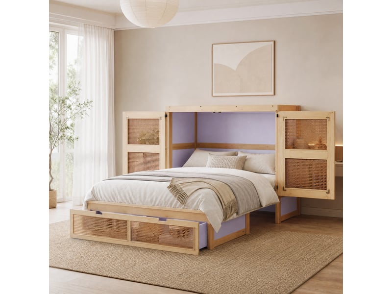  Lit escamotable vertical 140 x 200 cm avec sommier à lattes et tiroirs, bois clair naturel  - Conforama D