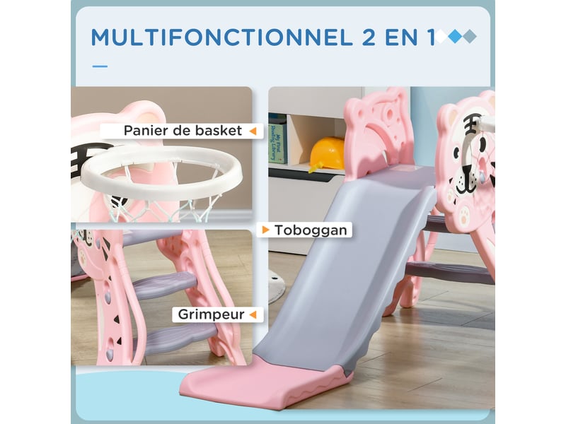  Toboggan pour enfants, toboggan intérieur pour enfants, avec panier de basket, thème tigre, de 18 à 36 mois, rose  - Conforama D