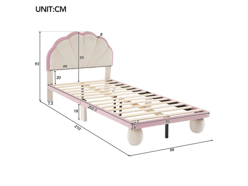  Lit rembourré d'enfant 90x200cm, lit simple en bois, avec bandes lumineuses multicolores,  velours beige et rose, sans matelas  - Conforama D