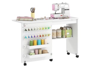 Table de couture pliable mobile 2 bacs 18 porte-bobines étagère blanc