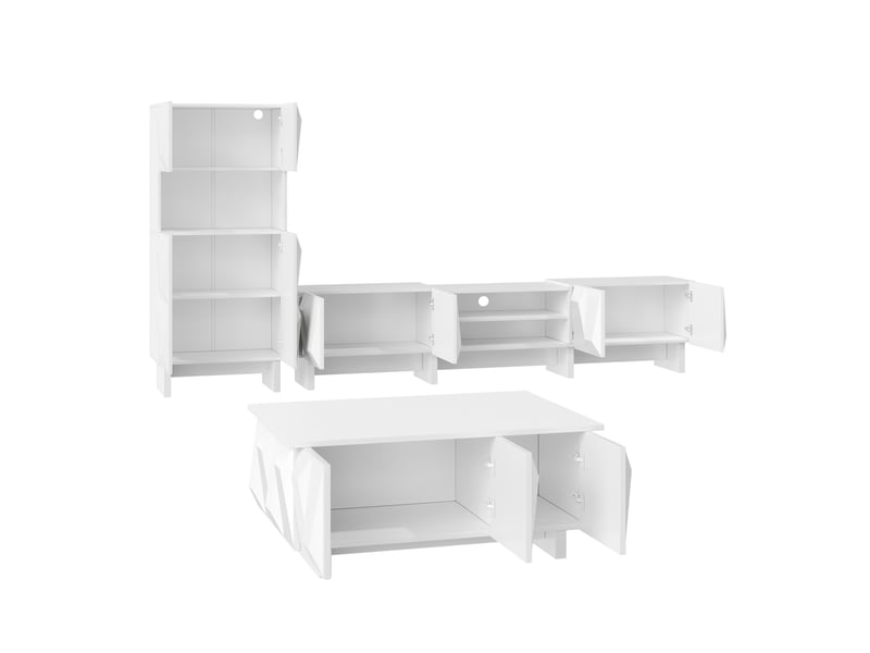  Meuble tv bas à poser blanc 180 x 34 x 44,5 cm en panneaux de particules, design 3d géométrique, salon  - Conforama R