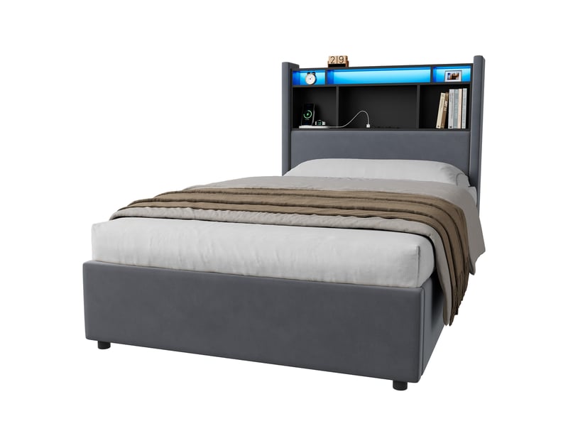 Lit simple 90×200 cm, led, prises et rangements ouverts en tête de lit, lit rembourré avec veilleuse, sans matelas - gris - Conforama E