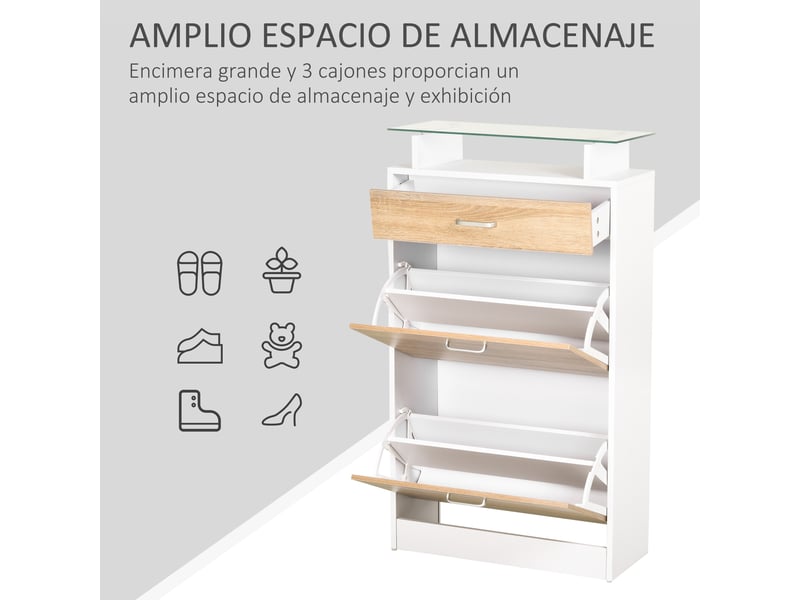  Meuble à chaussures à 3 tiroirs, étagère en verre et poignée en aluminium pour entrée, 60 x 24 x 105,5 cm, naturel  - Conforama E