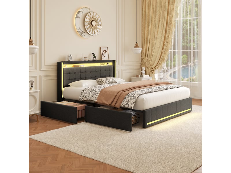  Lit 140 x 200 avec sommier,lit double 140 x 200, 4 tiroirs de rangement, bandeau led port usb, revêtement tissu lin, gris  - Conforama D