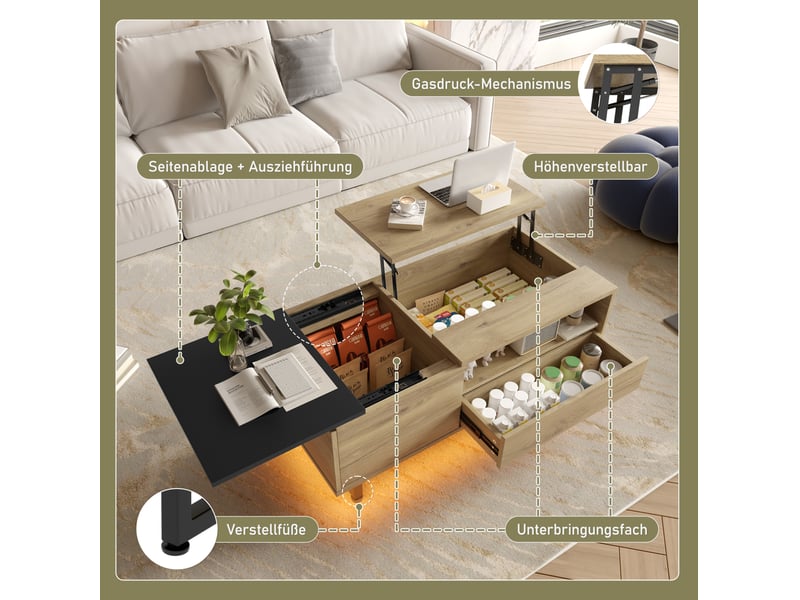 Table basse 103,5x50x27,5 cm avec led, tiroir, rangement caché, plateau réglable, bois d'ingénierie, naturel et noir - Conforama D