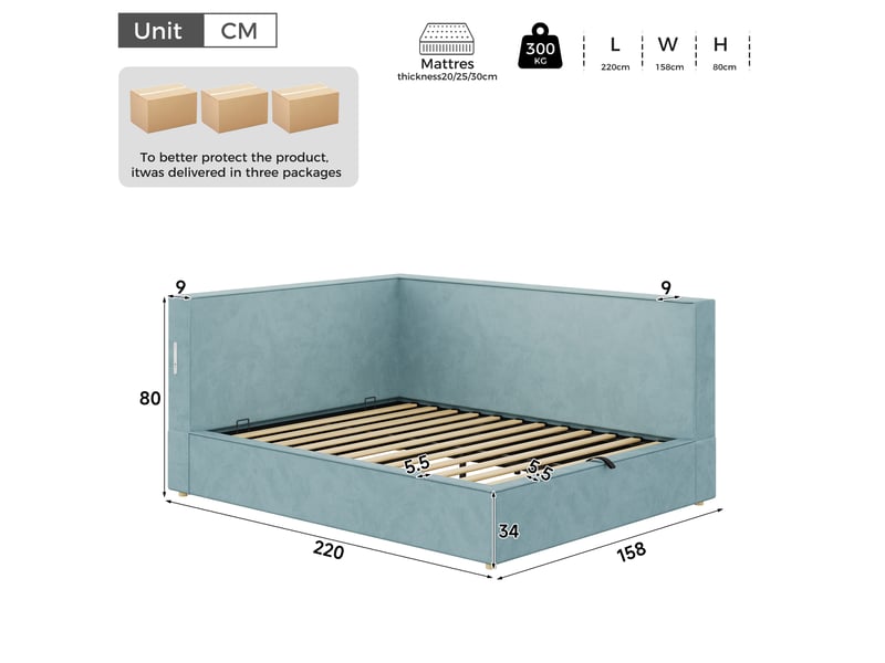 Lit banquette enfant 140x200cm avec rangement, sommier à lattes, éclairage led, ports usb et type-c, velours, bleu - Conforama C