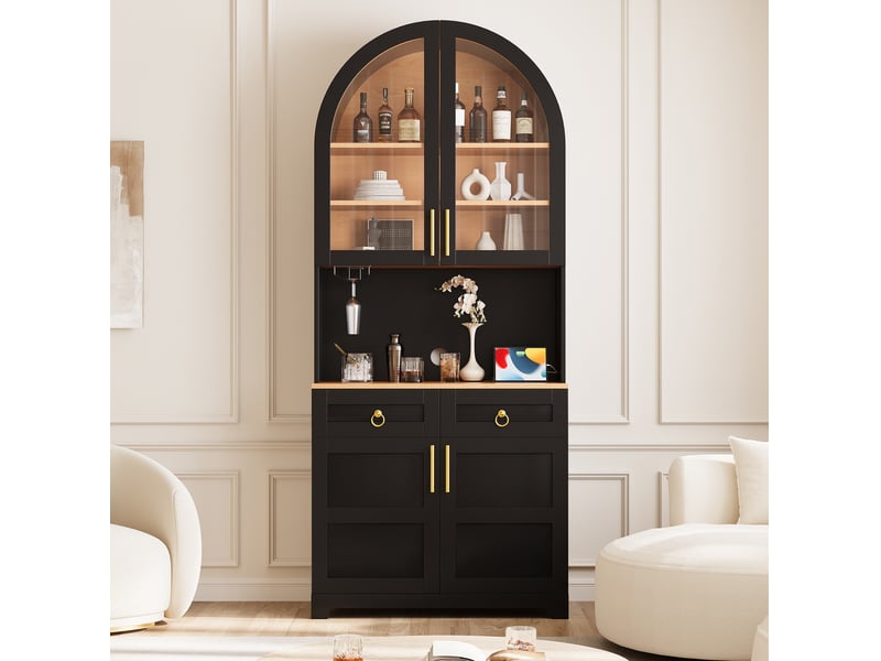 Buffet haut 80x40x180 cm avec led et prises usb,4 portes et 2 tiroirs, noir - Conforama E