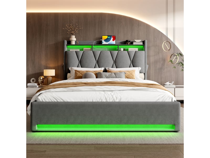  Lit coffre rembourré 140 x 200 cm, rangement hydraulique, tête de lit avec rangement, led, usb-c, velours, gris Bliss Lite - Conforama E
