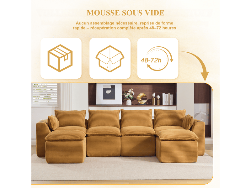  Canapé modulable 4 places en velours côtelé orange 322x161x75 cm avec 2 poufs, coussins, poches et porte-gobelet salon W3056S00075 - Conforama W