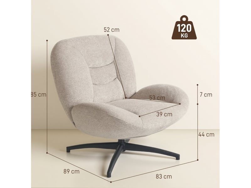  Fauteuil pivotant 360° avec dossier rembourré et assise épaisse, base en acier, tissu chenille blanc crème, 89 × 83 × 85 cm  - Conforama D