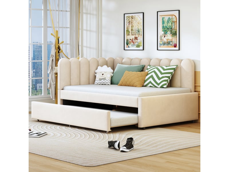 Lit canapé en tissu beige 140x200 cm - Conforama D