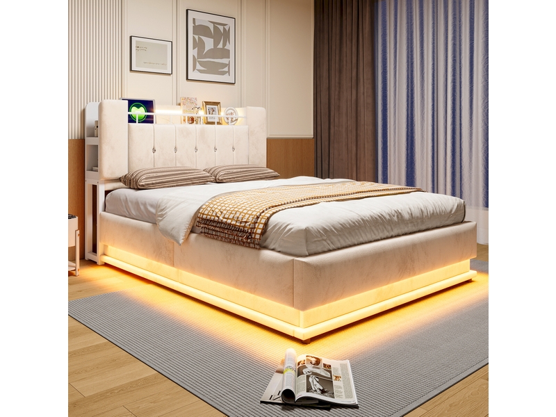  Lit coffre 2 places 140x200 cm en velours beige avec led, usb et rangement hydraulique, sans matelas  - Conforama E