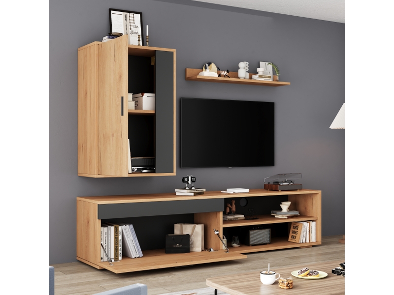  Ensemble meuble tv mural 3 pièces 140 cm bois et noir moderne avec rangements  - Conforama R
