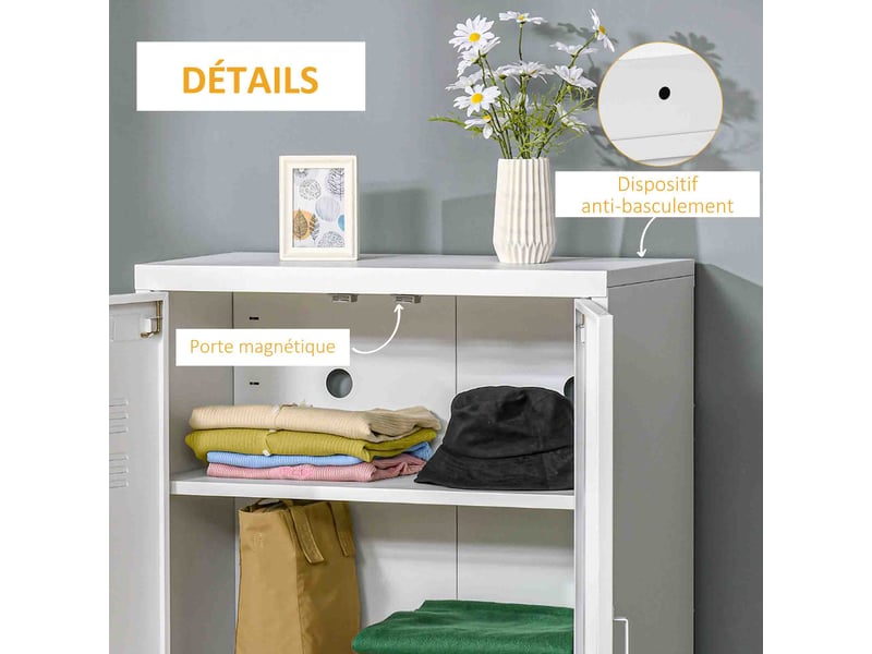  Armoire de bureau à 3 niveaux meuble de rangement bureau métallique 2 portes étagères réglables 75 x 33 x 110 cm blanc  - Conforama R