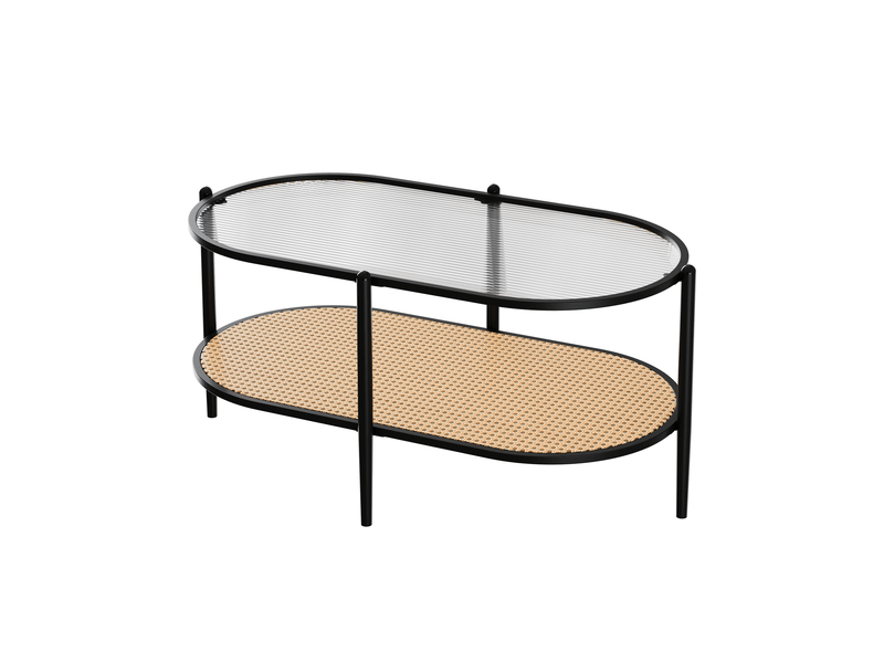  Table basse ovale en rotin - plateau en verre trempé ondulé - 2 niveaux avec étagère - cadre métal renforcé - 95 x 50 x 46 cm ,noir PHK_346K4GDV - Conforama A