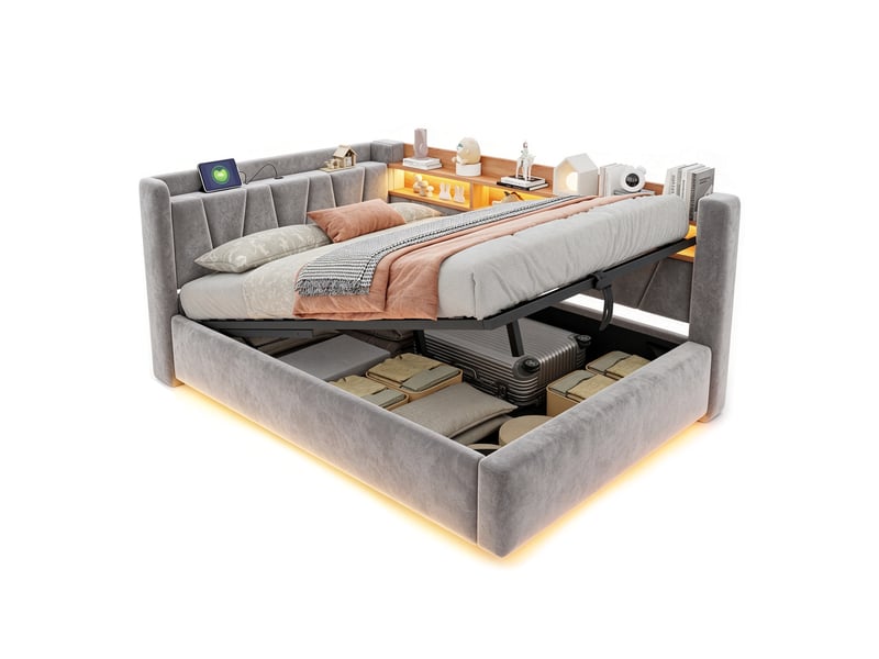  Lit banquette coffre 140x200 cm avec rangement hydraulique, étagères, port usb et éclairage led, velours gris  - Conforama A