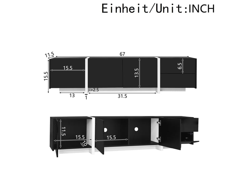  Meuble tv modenvie noir et blanc avec led, 3 portes, tiroir et porte abattante 170 x 30 x 39 cm  - Conforama C