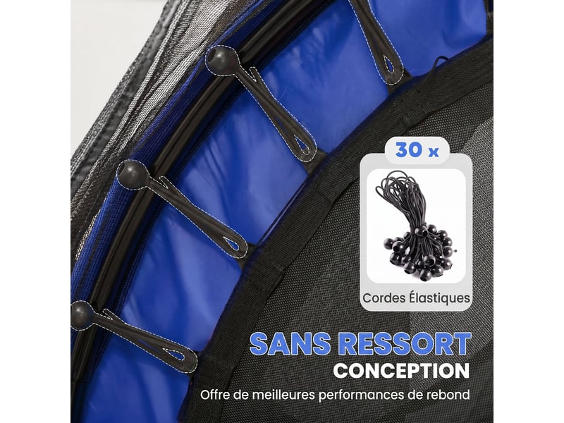  Trampoline enfant ø 1,63 × 1,9h m filet de sécurité porte zipée couvre-ressorts 6 poteaux rembourrés inclus bleu  - Conforama D