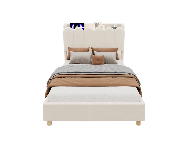  Lit enfant 90x200 cm avec tête de lit rembourrée et sommier inclus, beige  - Conforama W