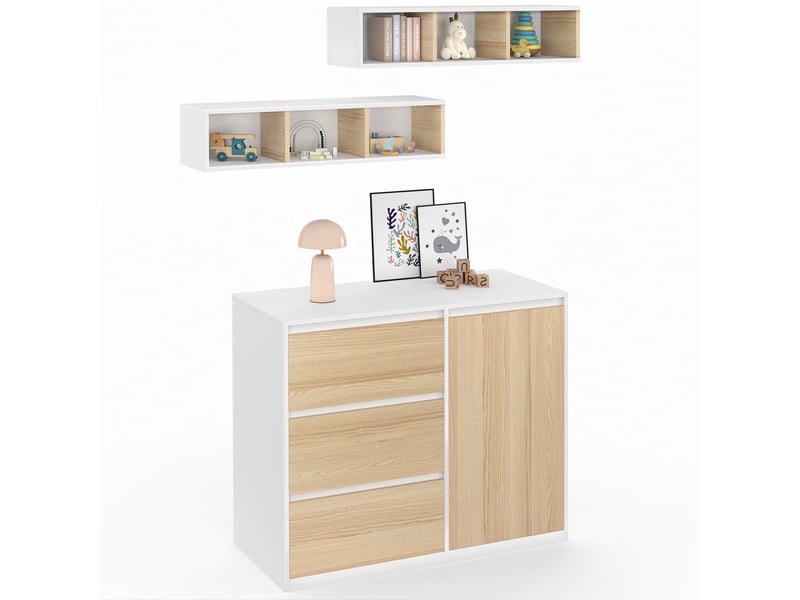  Commode à langer évolutive ambre façon hêtre et blanc 3 tiroirs, 1 panier à linge, table à langer et 2 étagères amovibles  - Conforama D