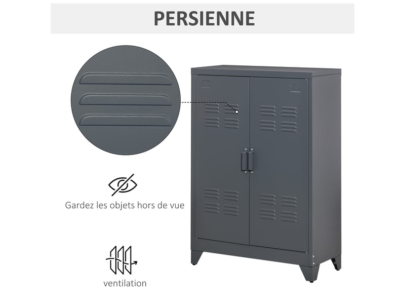  Armoire de bureau à 3 niveaux, meuble de rangement bureau métallique avec étagères réglables et 2 portes  - Conforama E