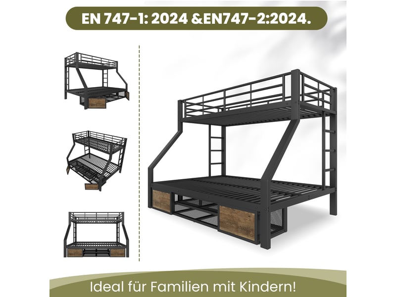  Lit superposé 90x200 140x200 avec rangement, lit enfant noir en métal robuste, meuble à chaussures et échelle, certifié en747  - Conforama E