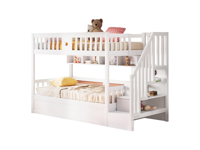 Lit superposé enfant 2 places 90x200 cm avec rangement hydraulique sous lit, escalier de rangement, étagères, garde-corps, pin massif blanc - Conforama A
