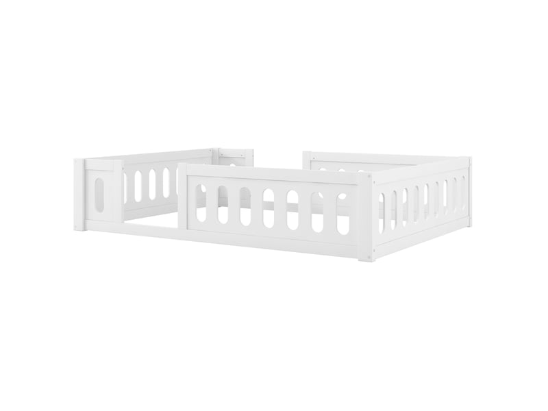  Lit plateforme enfant 140 x 200 cm blanc en bois et mdf, avec barrières de protection et ouverture latérale  - Conforama D