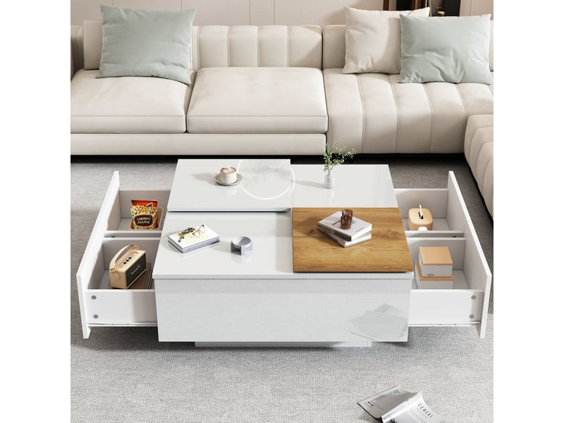  Table basse carrée blanc brillant avec plateau coulissant et 4 tiroirs cachés, 75x75x33.5cm  - Conforama E