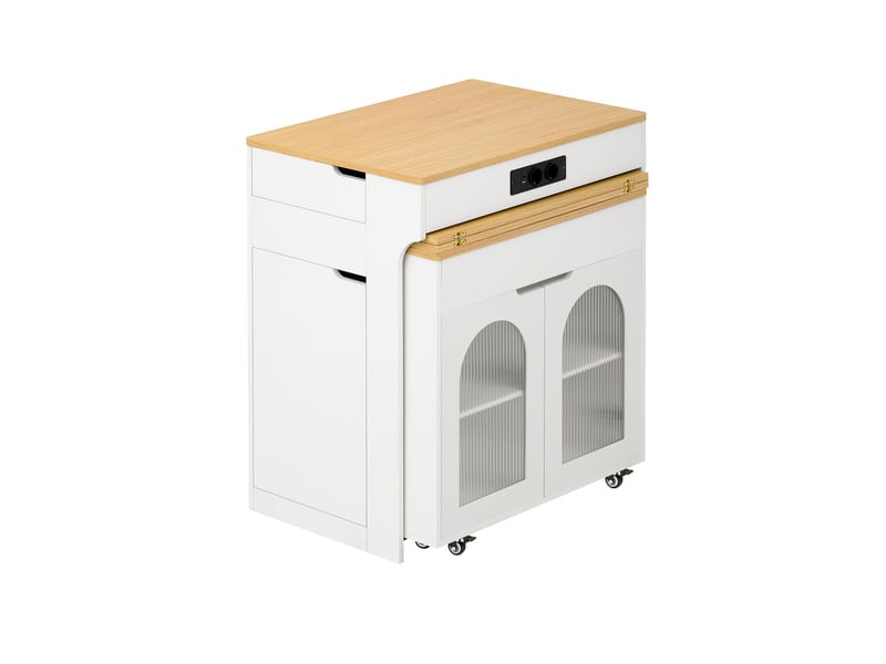  Îlot de cuisine avec table extensible, prises intégrées et 2 tiroirs blanc DE000049AAK - Conforama B
