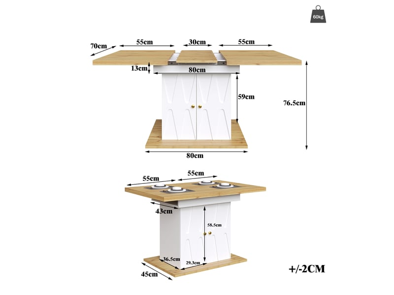  Table à manger rectangulaire extensible 110-140 x 70 cm avec rangement intégré à 2 niveaux, plateau mdf effet bois et relief décoratif moderne  - Conforama E