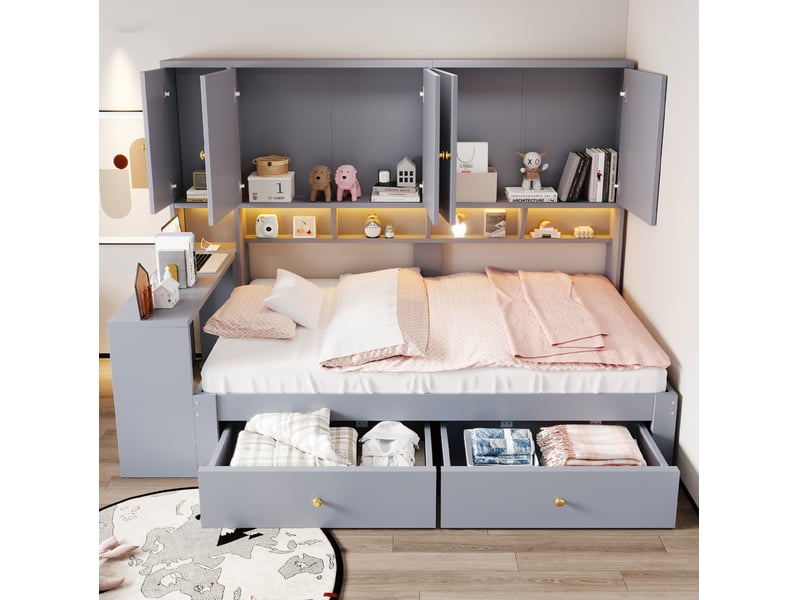  Lit enfant 90x200 cm lit simple avec bureau intégré et compartiments, tiroirs, éclairage led et prises, gris, sans matelas  - Conforama W