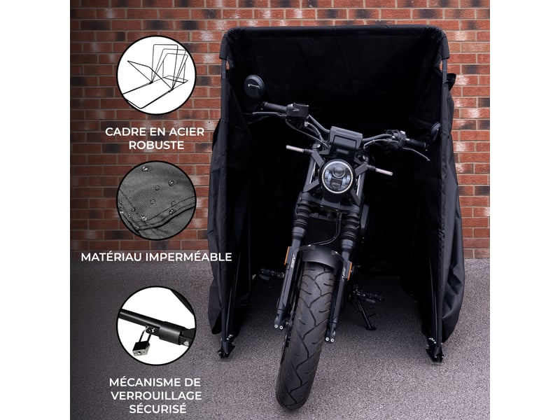 Tente de rangement moto xl noire tissu oxford acier imperméable abri rangement jardin vélo scooter housse garage anti-uv boulons sol verrouillable 2 218117 - Conforama B