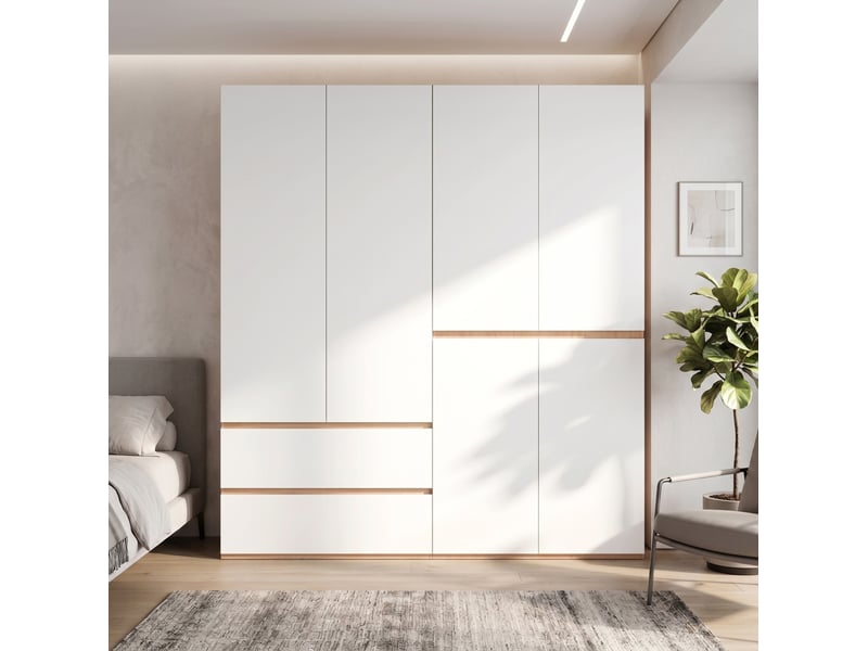 Armoire 6 portes blanche et bois clair, 2 penderies, 5 tiroirs, 180 x 50 x 200 cm pour votre rangement - Conforama E