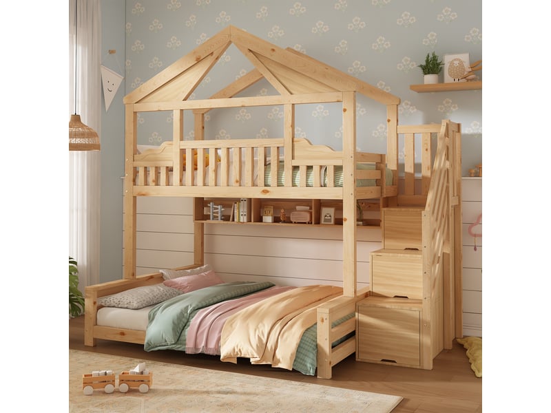  Lit superposé cabane 90x200 + 140x200 cm, escalier avec rangement, étagères suspendues, toit diamant, sommiers à lattes inclus, bois, bois naturel Luxe haut de gamme - Conforama D
