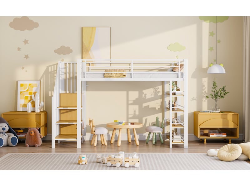  Lit mezzanine 90 × 200 cm, escalier sécurisé, armoire, étagères et espace bureau, métal et panneaux de bois, blanc  - Conforama B