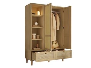 Armoire penderie 2 portes en rotin tressé style campagne, chêne avec étagères ouvertes, 180x120x50 cm