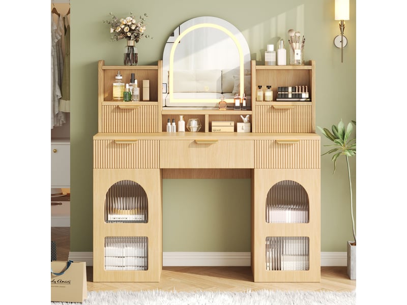  Grande coiffeuse led avec miroir et rangement - 3 tiroirs, 2 vitrines, étagères réglables, bois naturel, 120 x 40 x 139,5 cm  - Conforama E