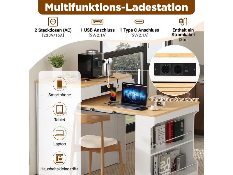  Blanc table à manger extensible avec rangement, design moderne, structure fonctionnelle pour cuisine et salle à manger  - Conforama D
