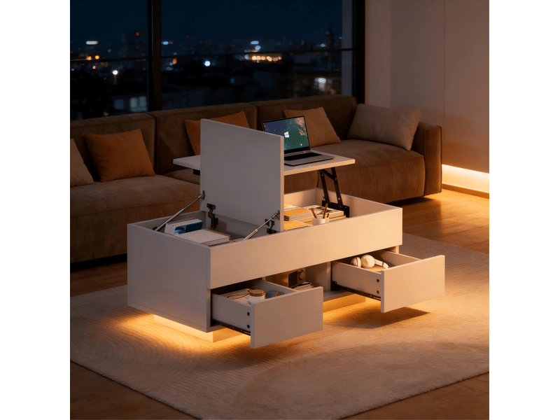  Table basse relevable blanche brillante avec led – 100 x 45 x 43 cm – 2 tiroirs  - Conforama C