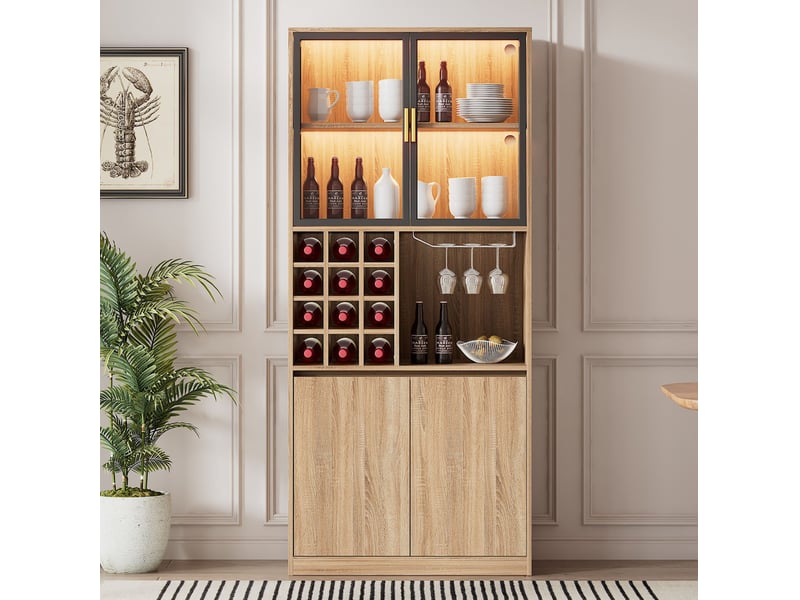  Vitrine avec portes vitrées, éclairage led et porte-verres amovible pour salon, en mdf naturel, 80 × 40 × 180 cm  - Conforama C