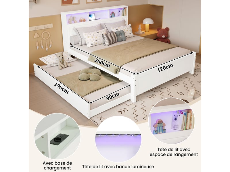 Lit familial 120x200 cm avec lit gigogne 90x190 cm-led et prise usb-rangement intégré en pin et mdf-blanc - Conforama D