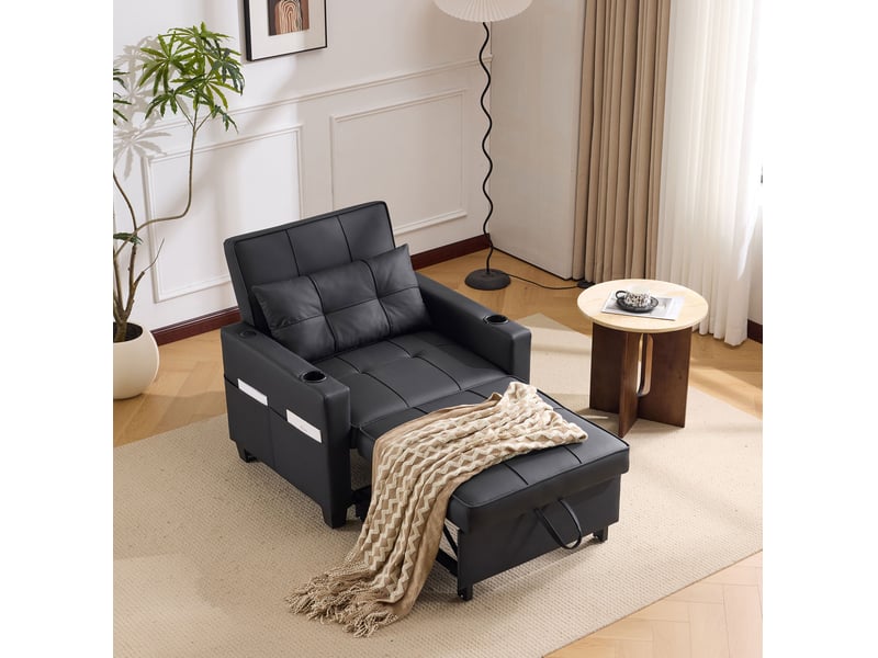 Fauteuil convertible 1 place noir en cuir régénéré, usb et porte-gobelets, idéal pour les petits espaces - Conforama E